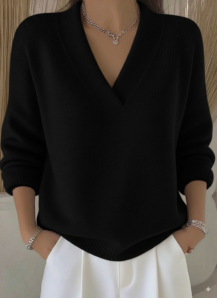 Women’s V Neck Knit Sweater Long Sleeve Loose Pullover Top
