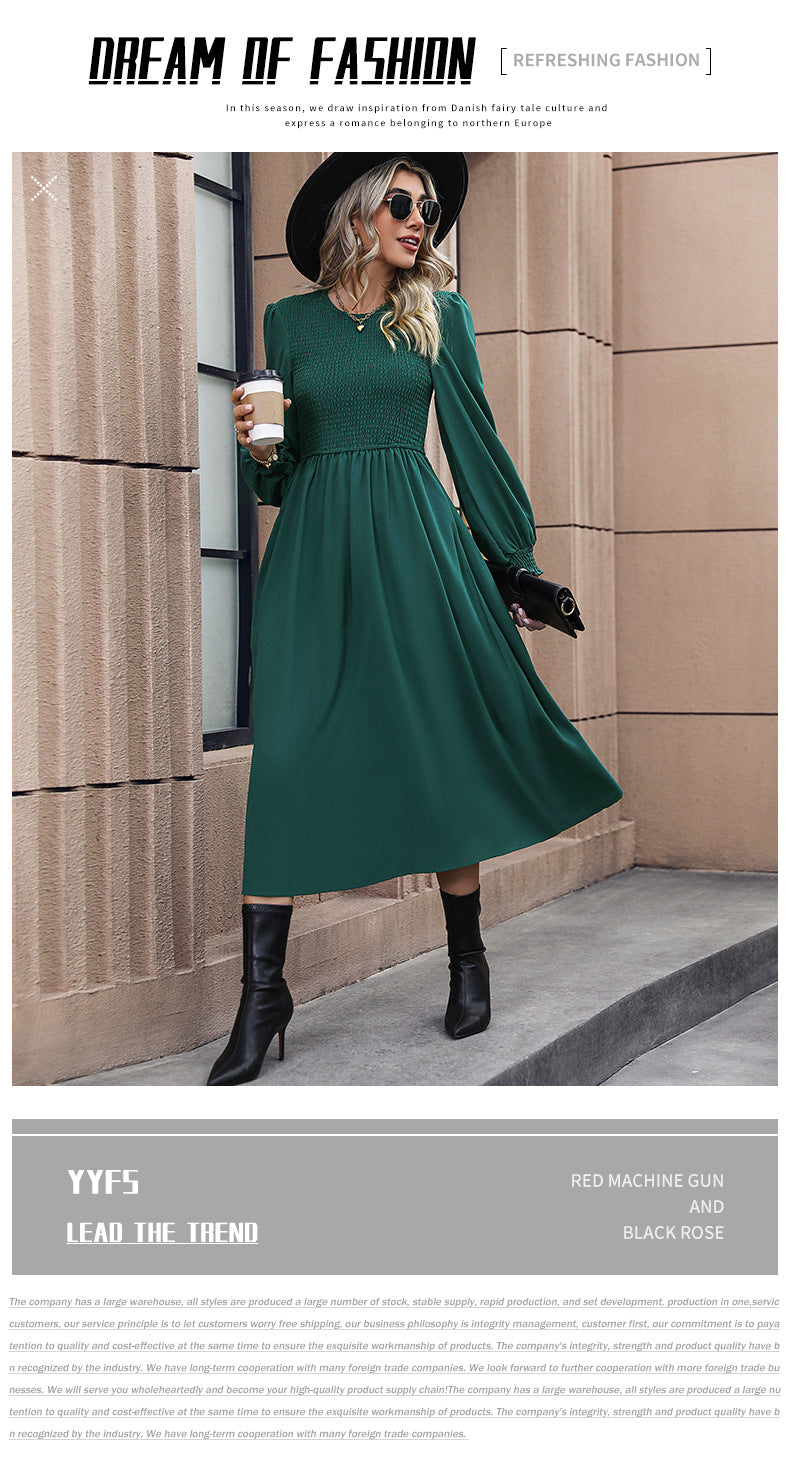 Elegant Green Long Sleeve Smocked Waist Midi Dress