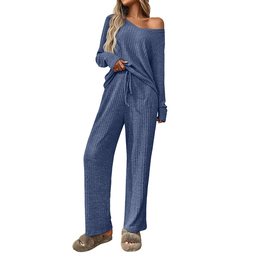 Ribbed Knit Lounge Set with V Neck and Wide Pants