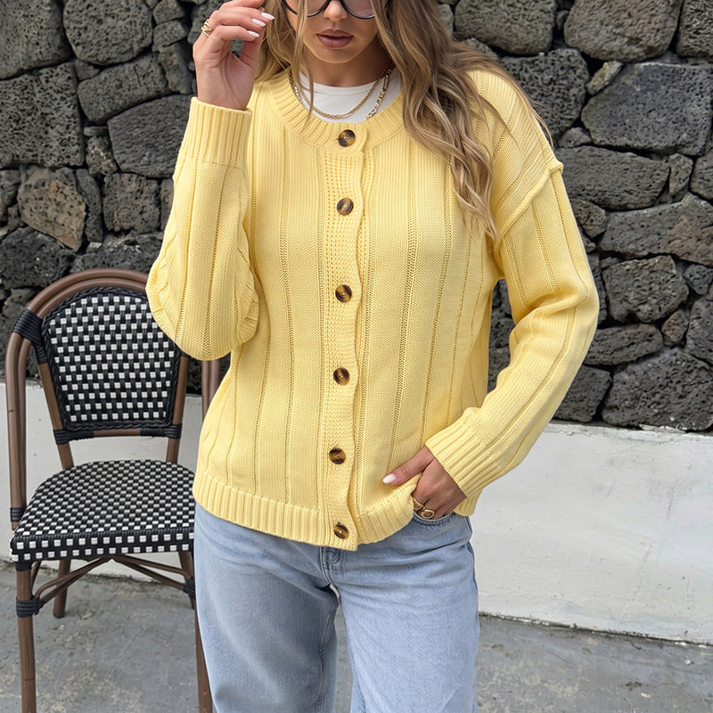 Solid Acrylic Cardigan Casual Button Front Relaxed Fit