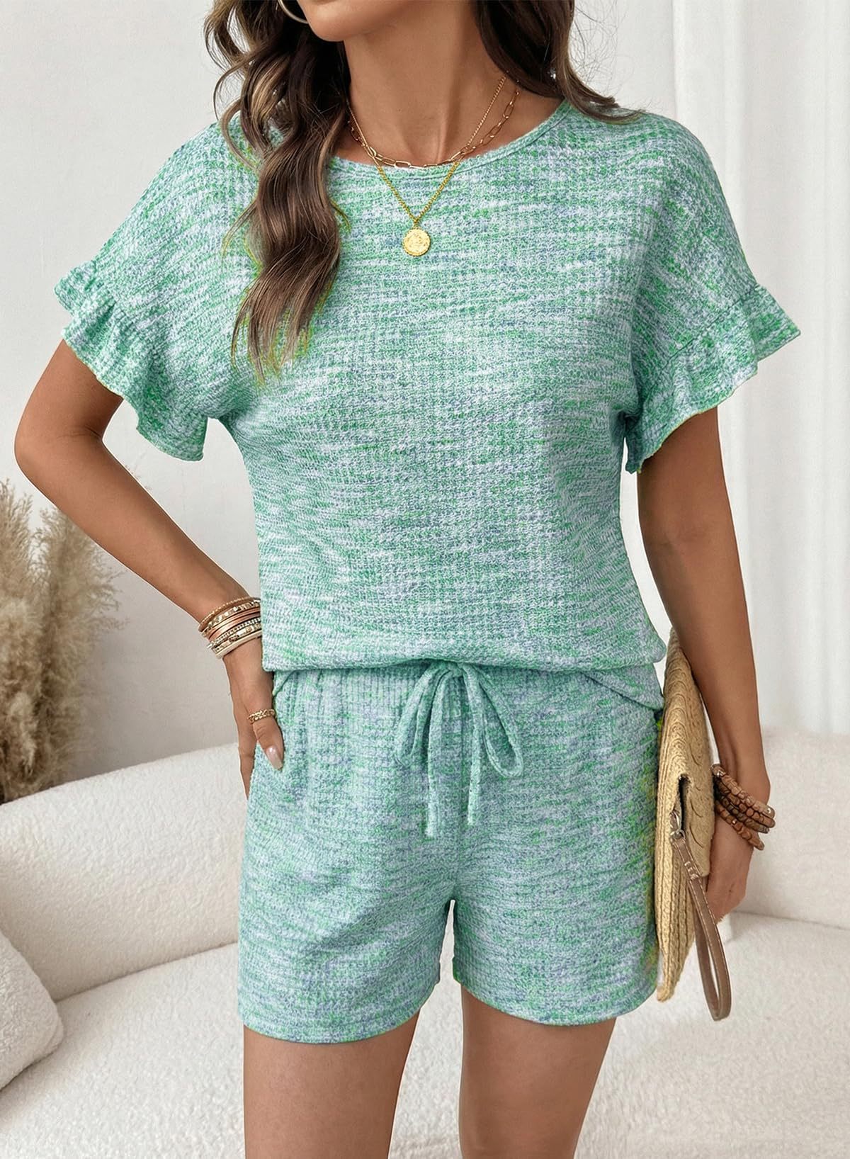 Textured Knit Lounge Set Ruffle Sleeve Drawstring Shorts