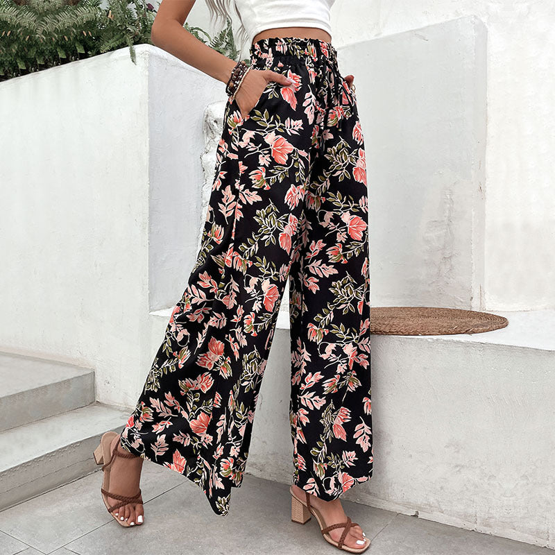 Black Tropical Floral Elastic Waist Beach Pants