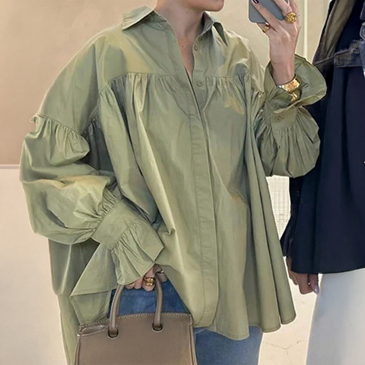 Solid Poplin Blouse Boutique Balloon Sleeve Oversized