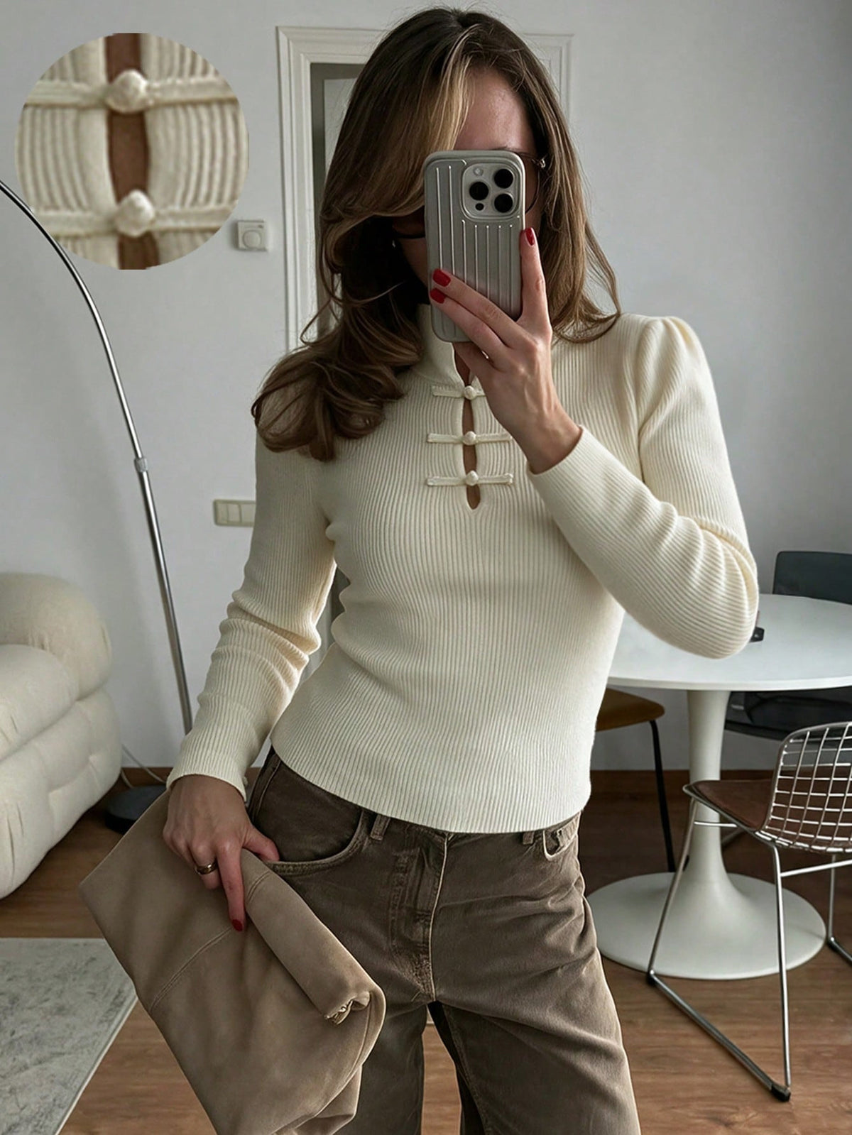 Women's Ribbed Mock Neck Frog Button Fitted Sweater Top
