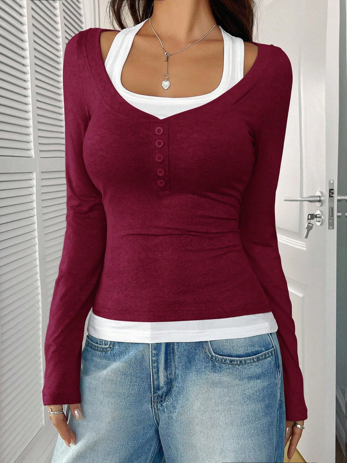 Women's Layered Color Block Henley Long Sleeve Fitted Top