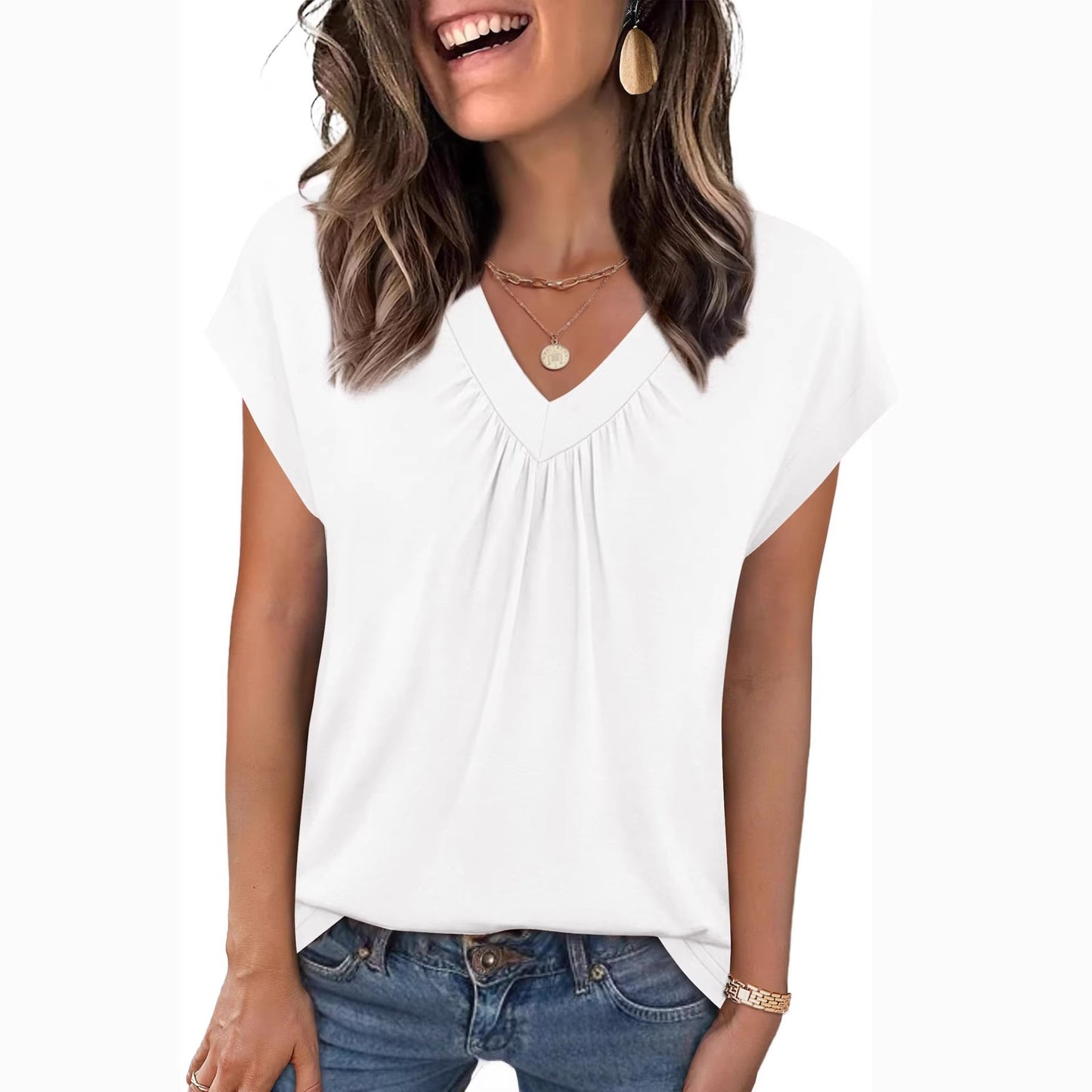 Heather Knit Tunic Top Casual V Neck Tee