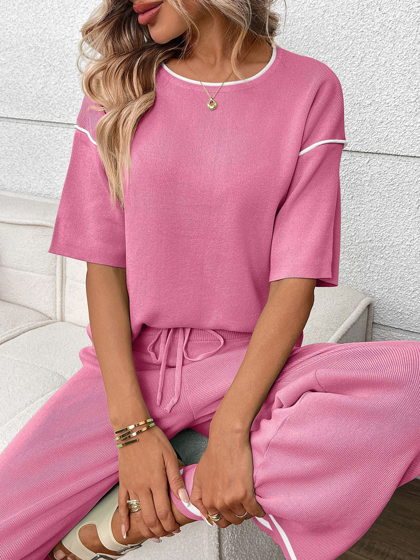 Women Short Sleeve Knit Lounge Set Wide Leg Pants