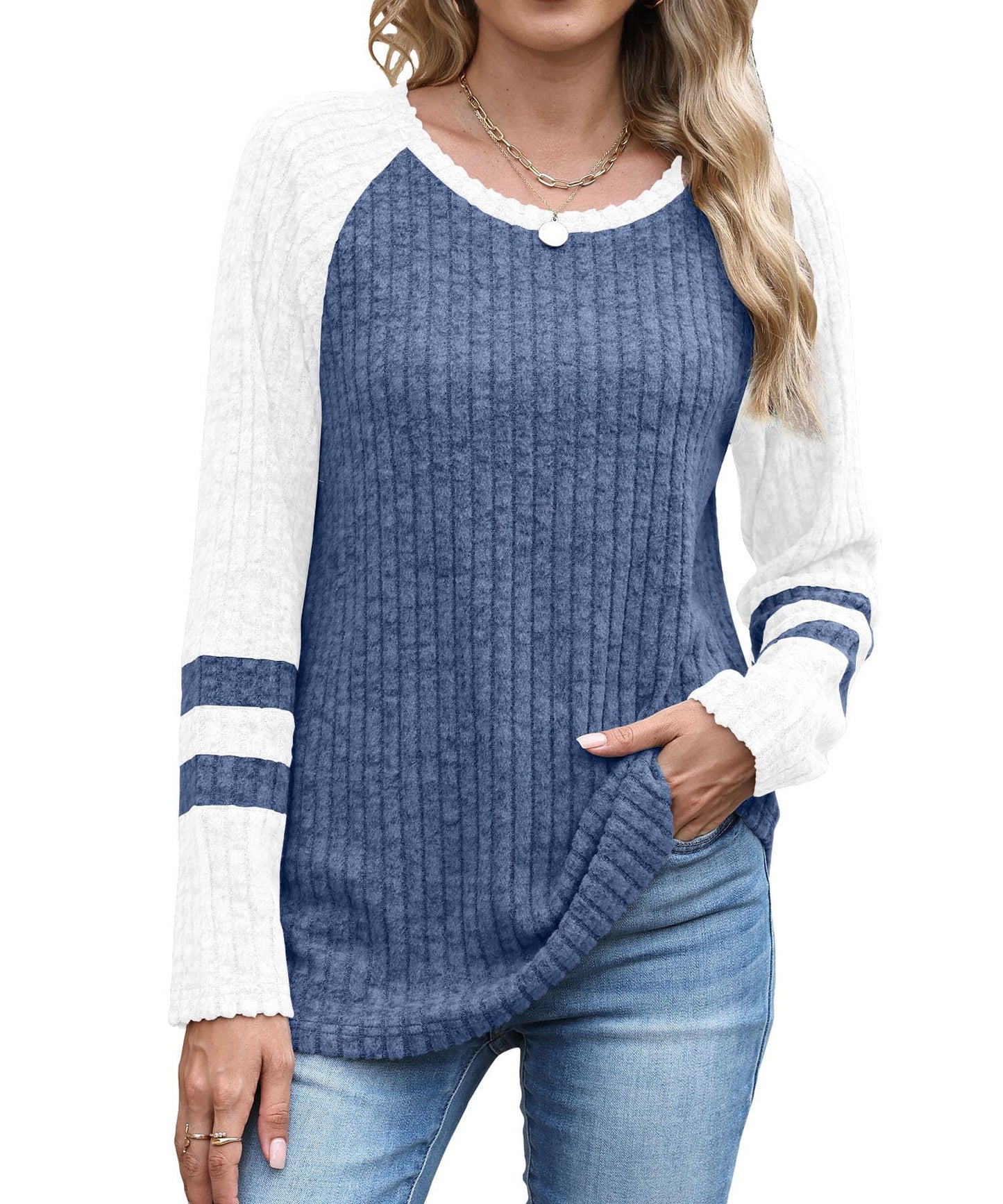 Colorblock Polyester Top Casual Ribbed Raglan Sleeve