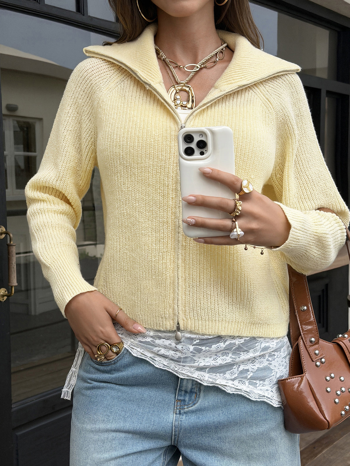 Women's Vintage Collared Zip-Up Knit Cardigan
