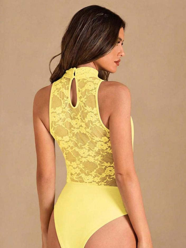 Lace Mesh Bodysuit Halter Draped Sexy Fitted Sleeveless