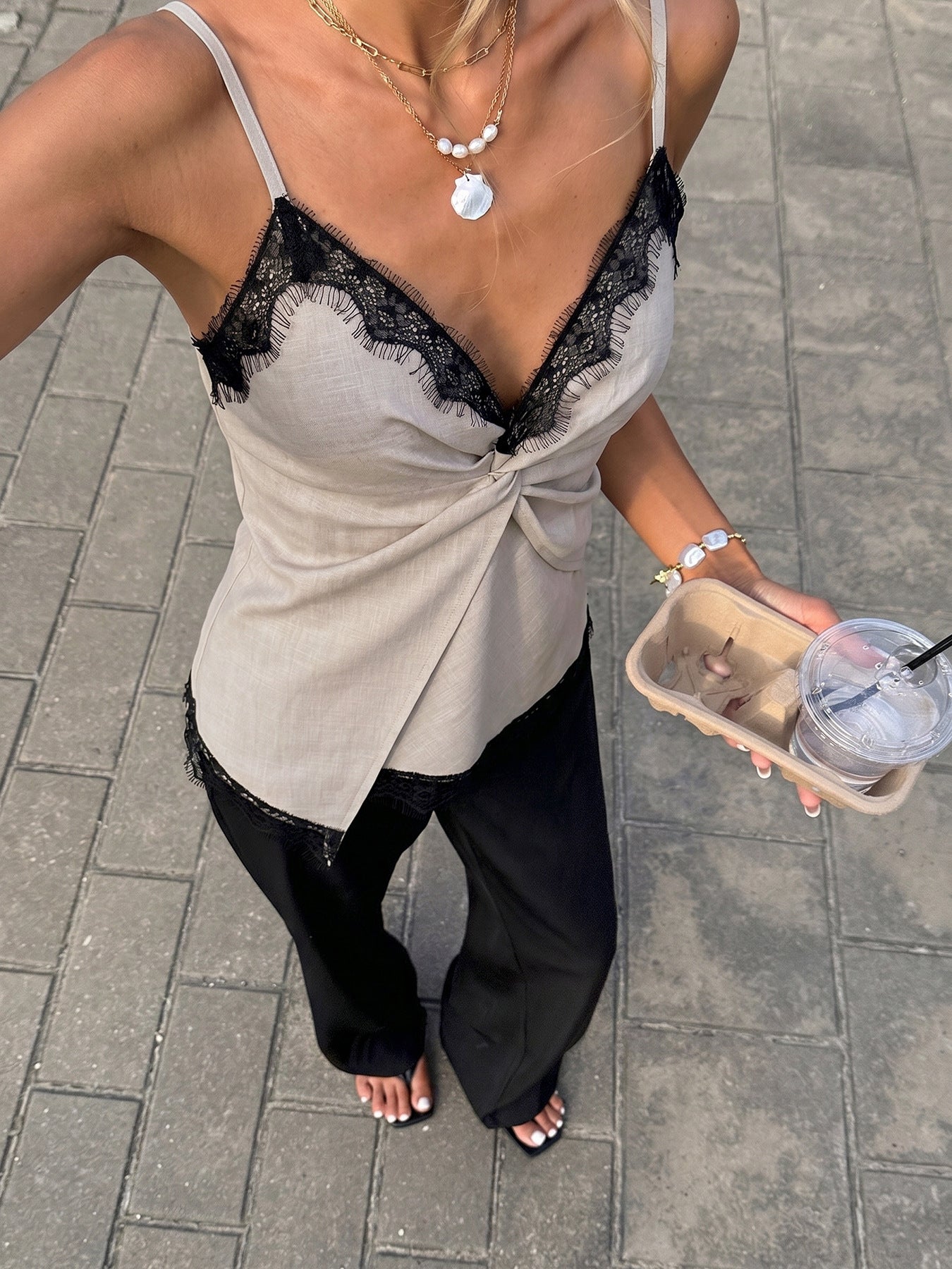Lace Trim Cami Top French Chic Twist Front Tank