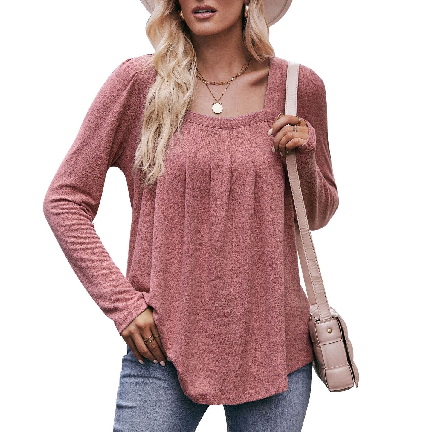 Square Neck Pleated Long Sleeve Casual Knit Top
