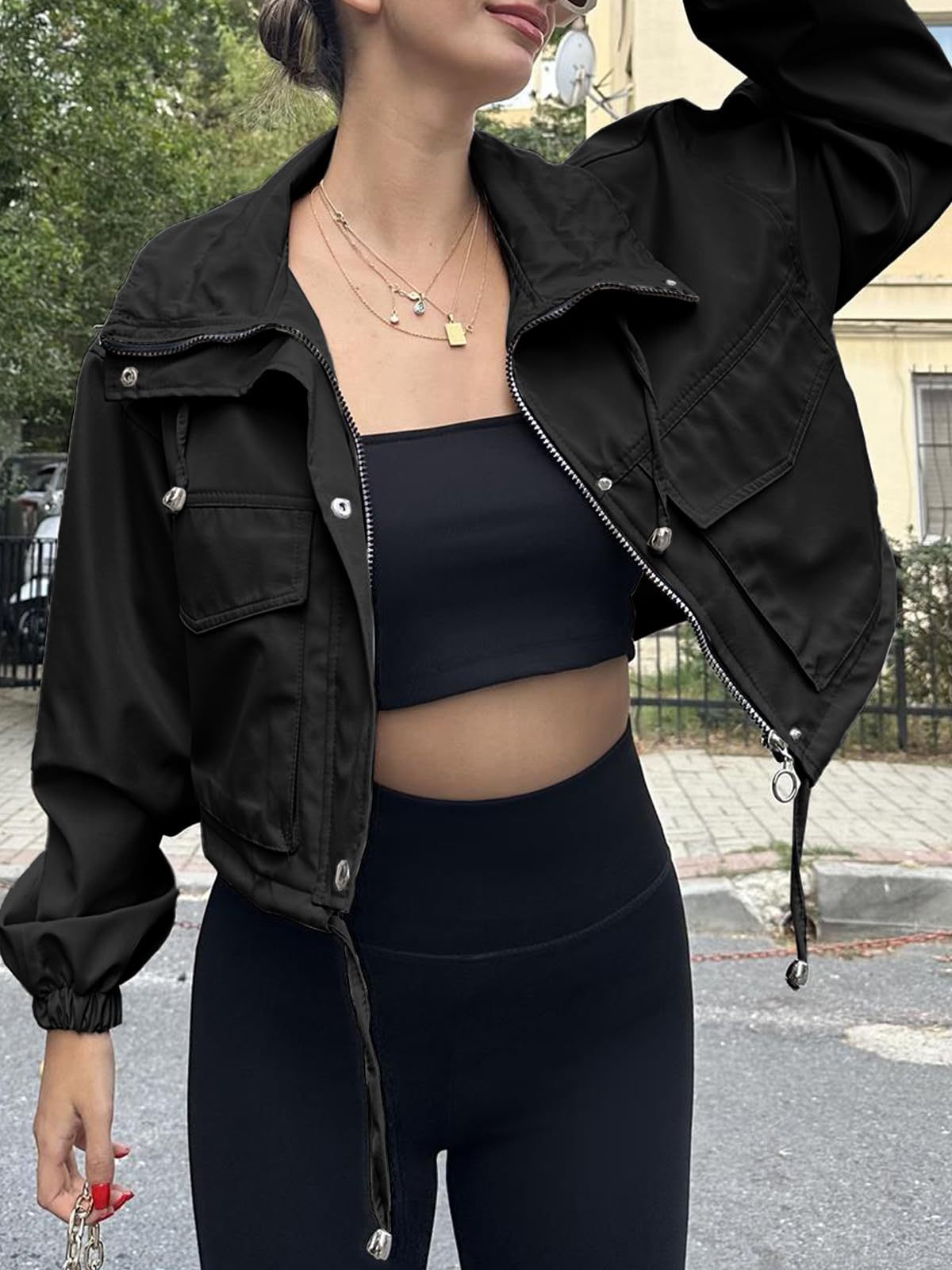 Solid Cropped Windbreaker Utility Jacket