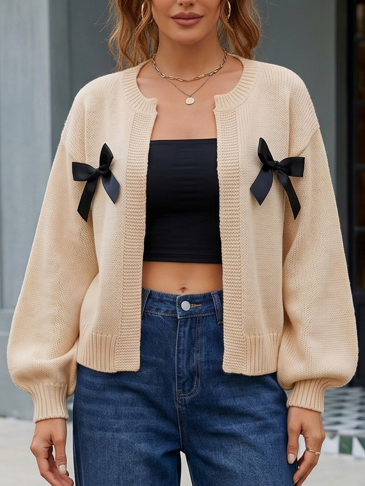 Coquette Bow Cardigan Women Knit Sweater Open Front