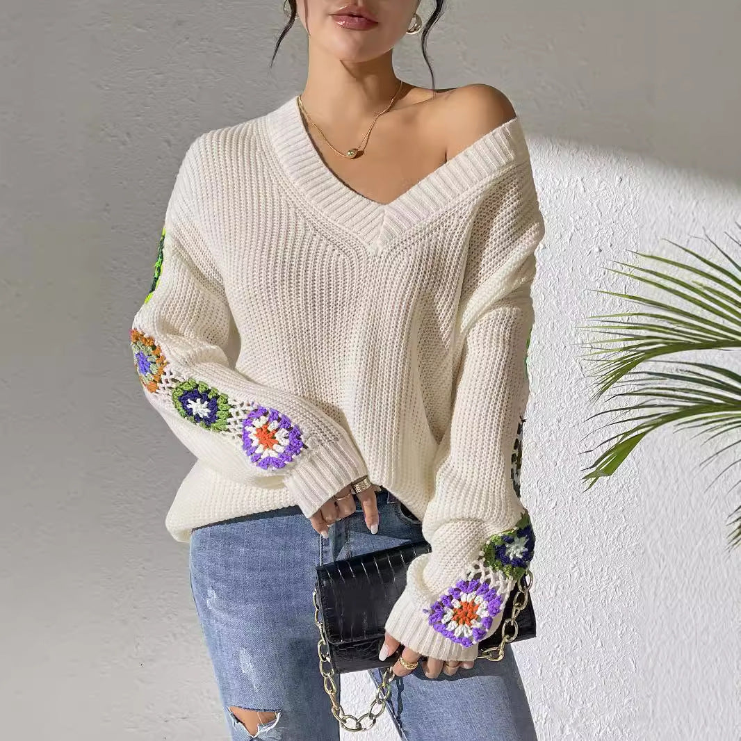 Women's Crochet Patchwork V-Neck Knit Sweater