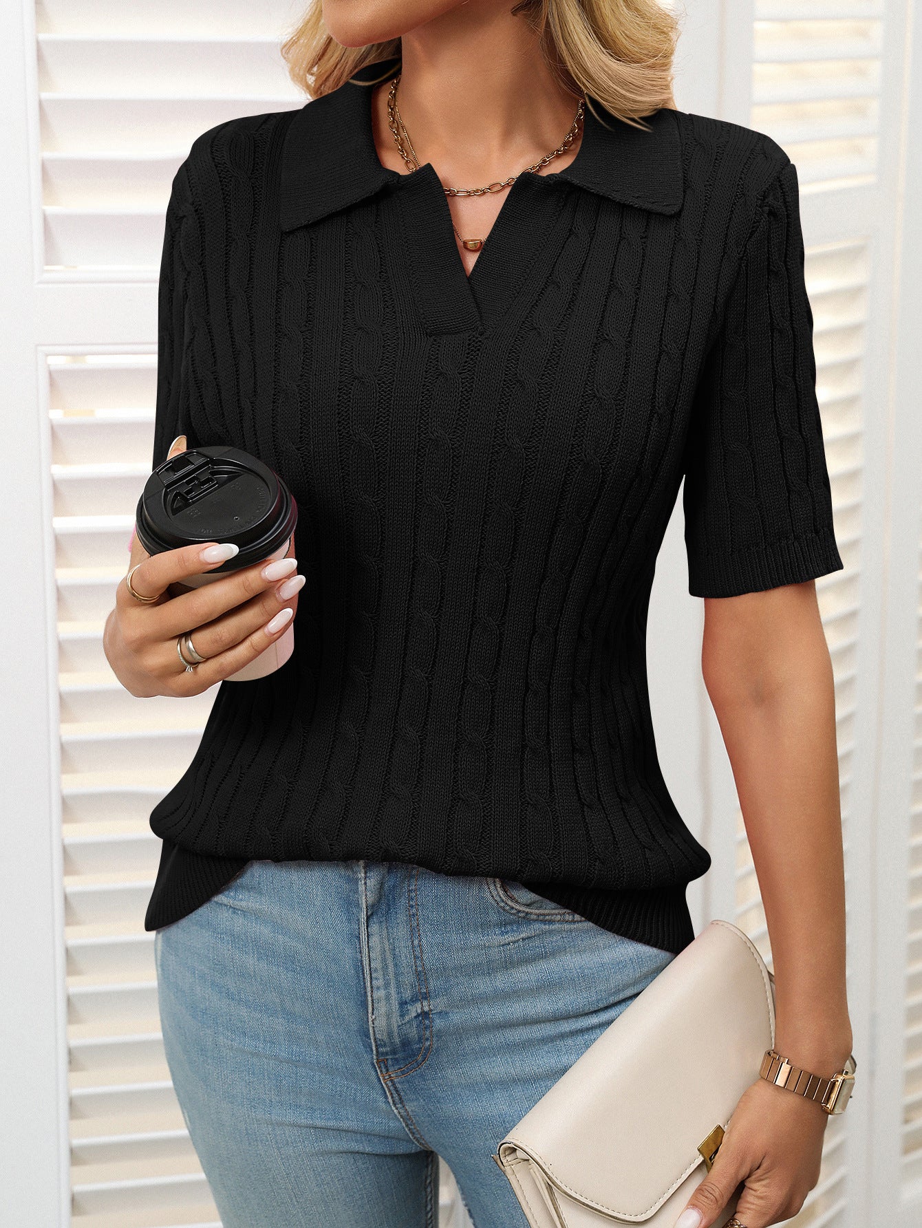 Polo V Neck Cable Knit Casual Soft Pullover Shirts for Women