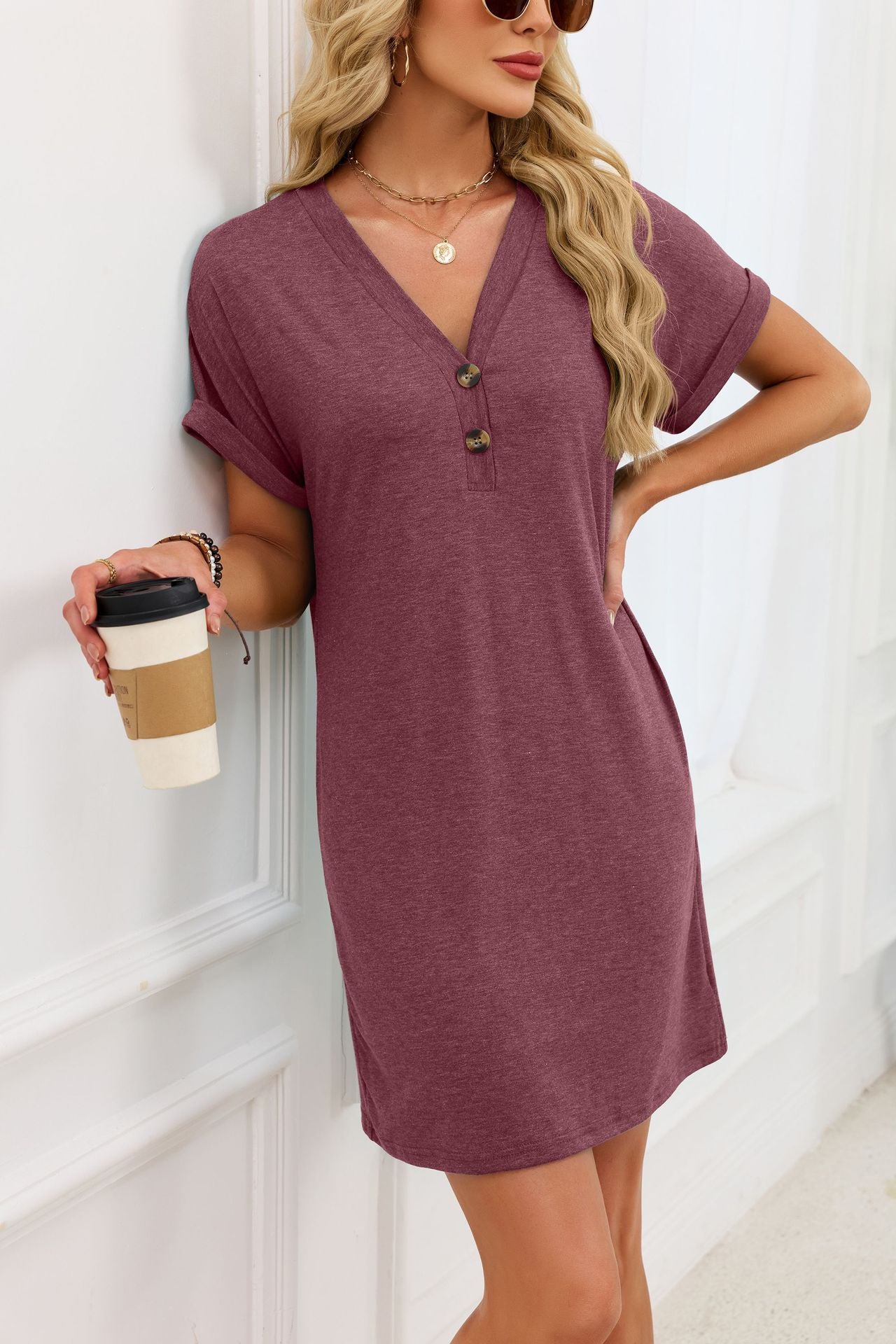 Casual V-Neck Short Sleeve Button Mini T-Shirt Dress