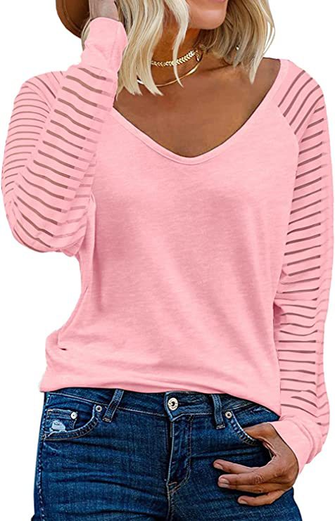 Striped Cotton Top Casual V Neck Sheer Sleeves