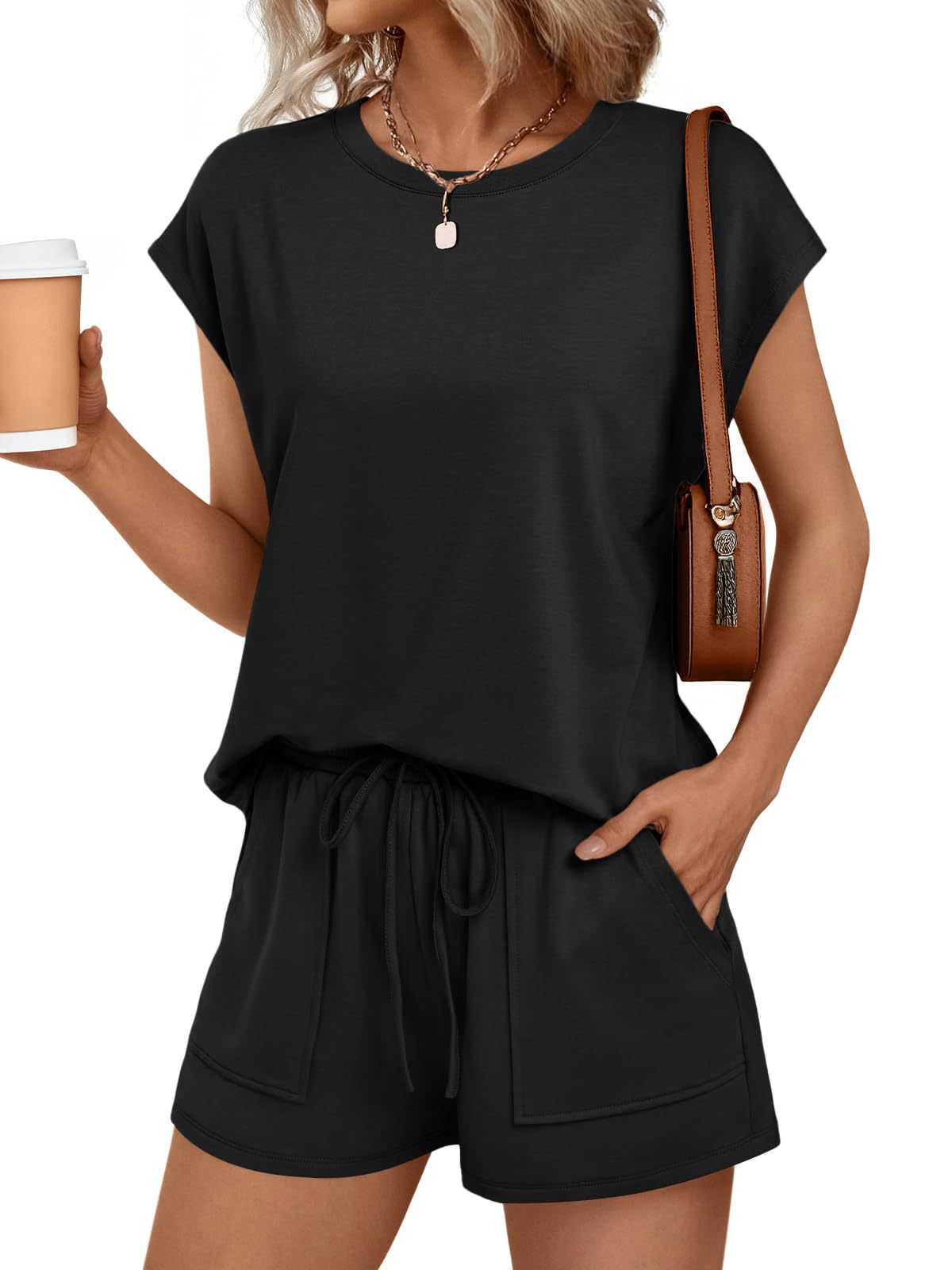 Solid Knit Lounge Set Casual Drawstring Pocket