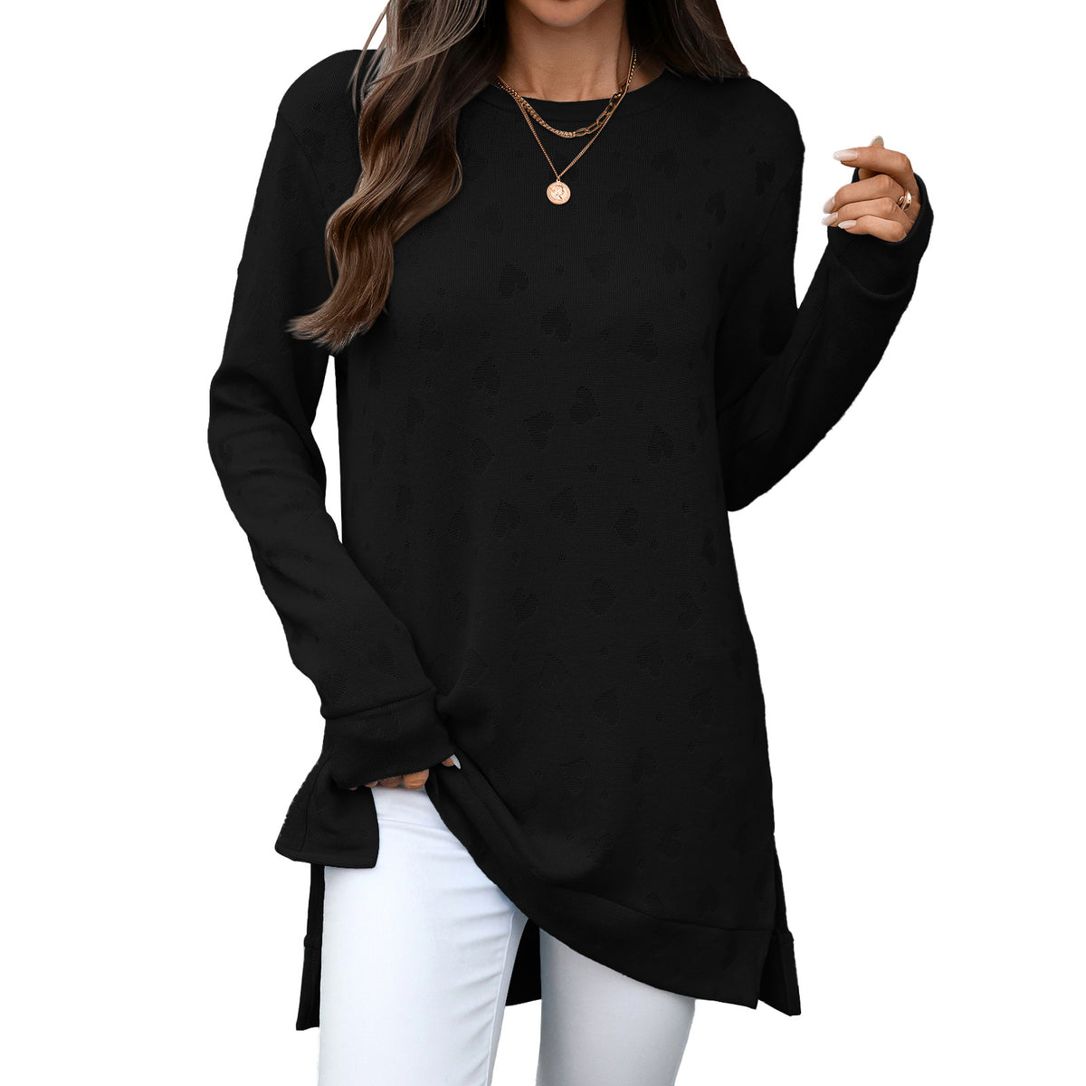 Oversized Crew Neck Long Sleeve Side Slit Knit Tunic Top