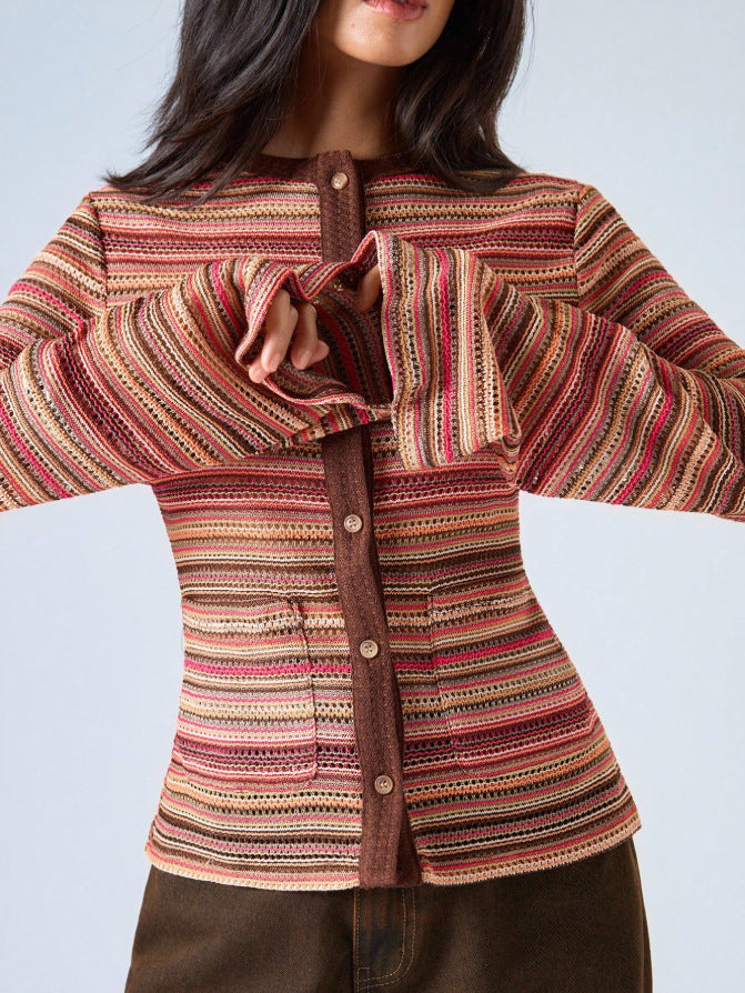 Striped Flare Sleeve Fitted Mock Neck Cardigan
