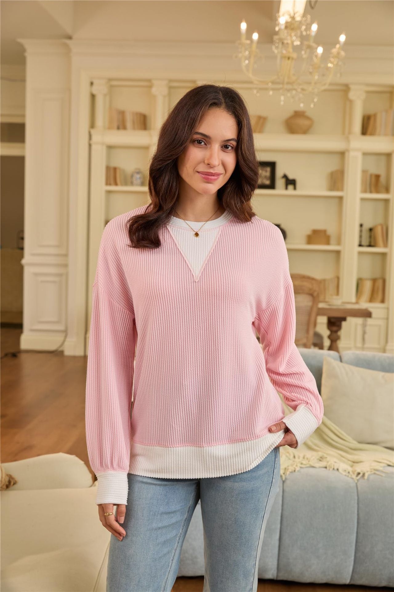 Colorblock Top Casual Waffle V-Neck Oversized