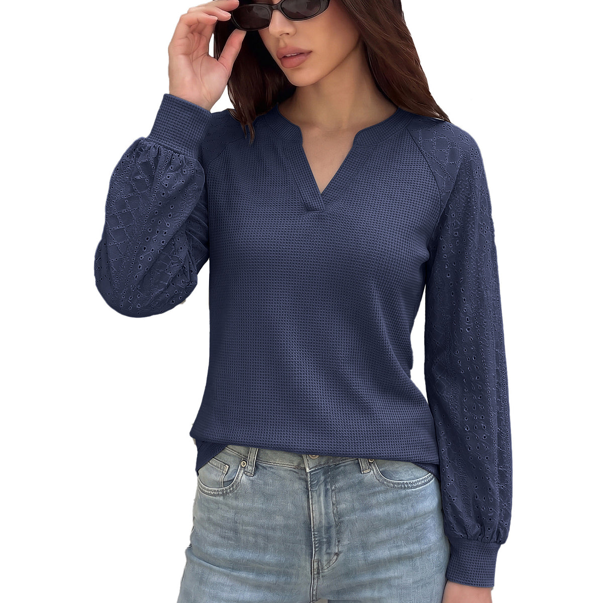 Women's Waffle Knit Eyelet Sleeve V Neck Top
