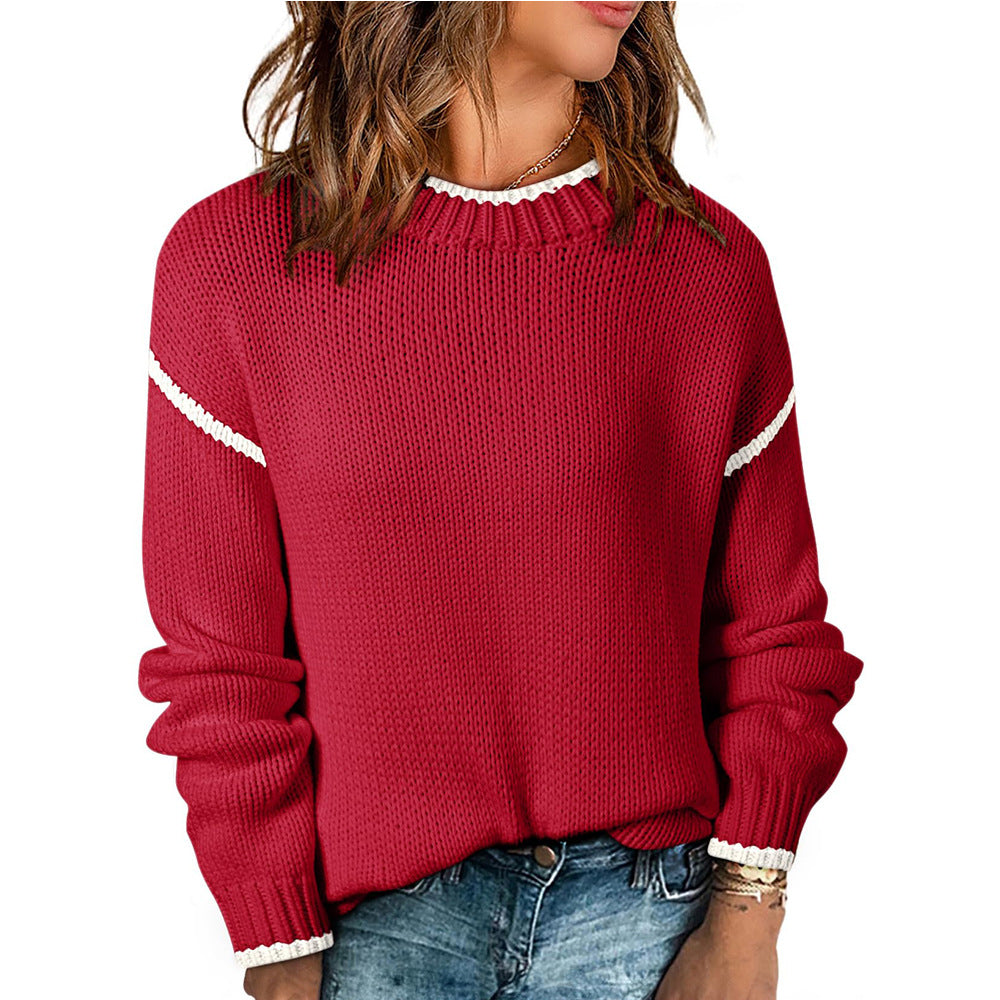 Women’s Casual Color Block Knit Sweater Long Sleeve Pullover