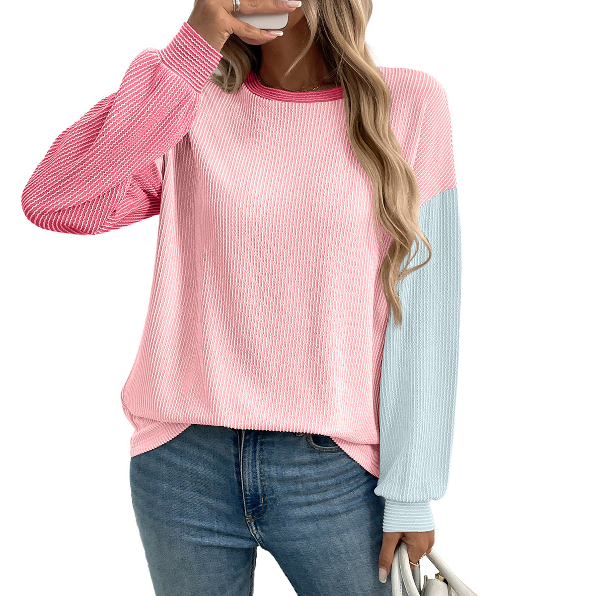 Women's Color Block Oversized Crewneck Pullover Top