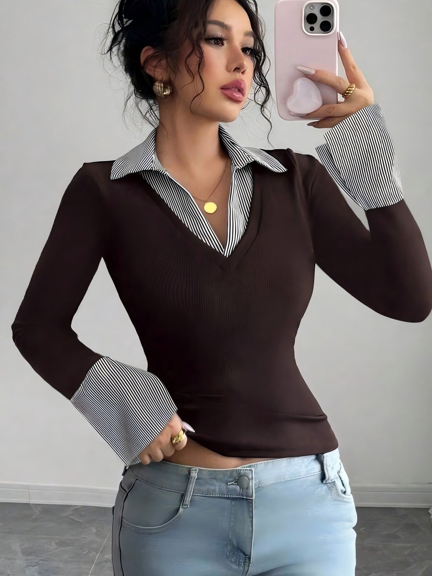 Office V Neck Layered Collared Knit Top Long Sleeve Tee