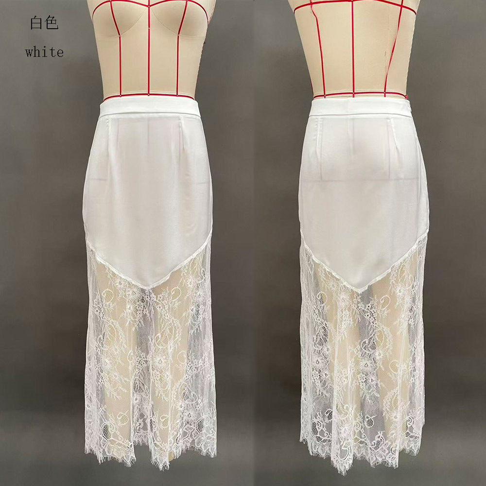 Lace Trim Midi Skirt High Waist Bodycon Elegant Skirt