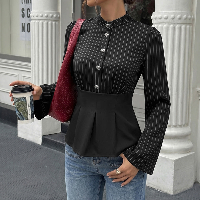 Striped Satin Blouse V Neck Peplum Top Elegant Button Front