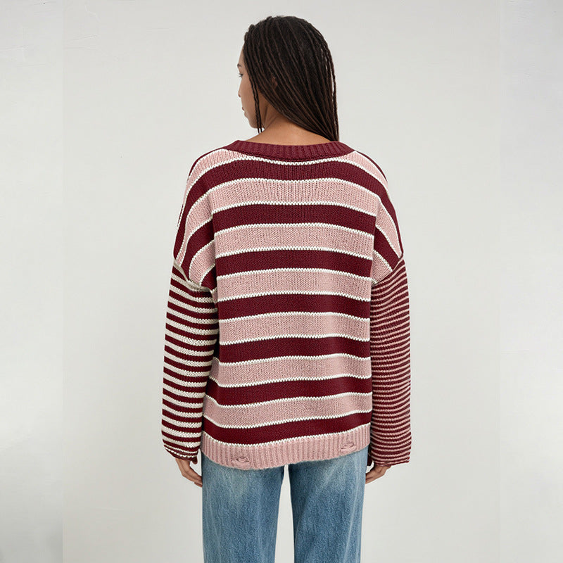 Womens Oversized Striped Crewneck Pullover Sweater