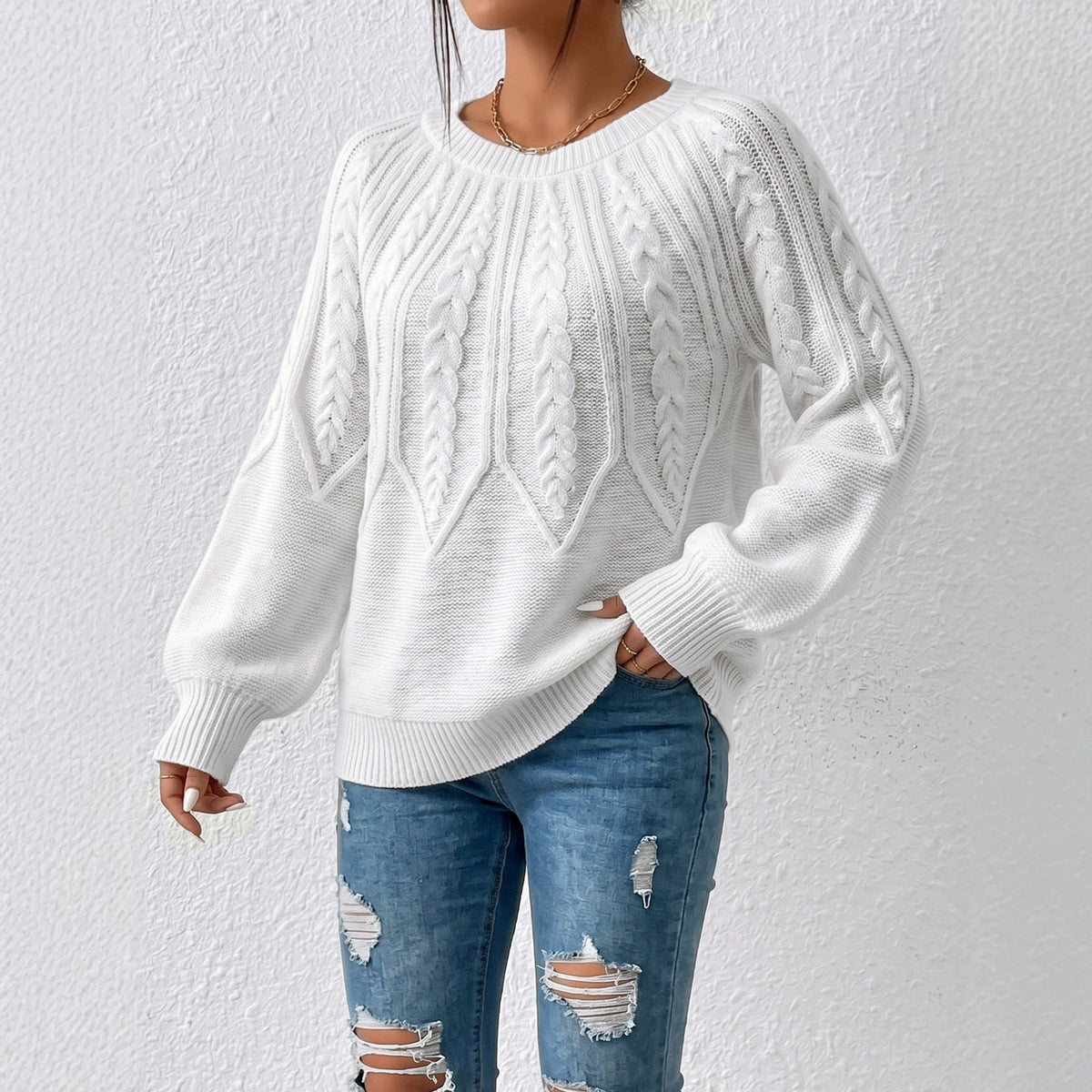 Women's Soft Cable Knit Crew Neck Pullover Sweater