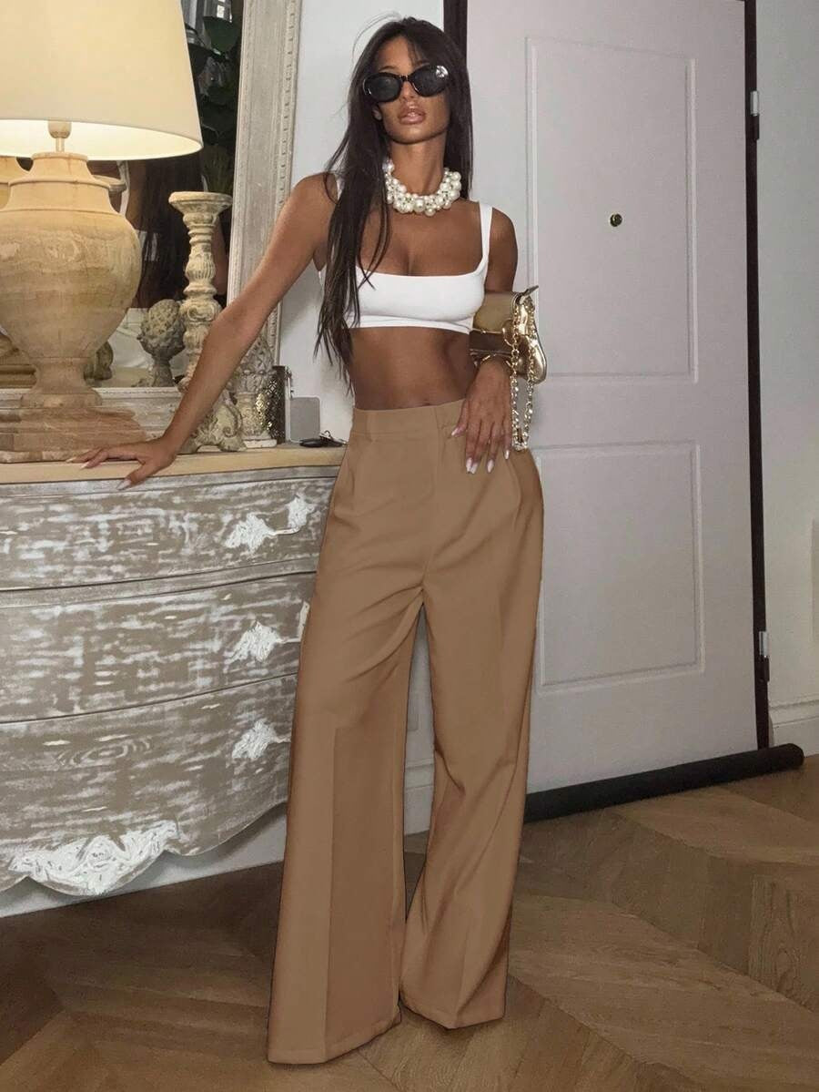Solid High Waisted Wide Leg Dress Pants Business Work Trousers