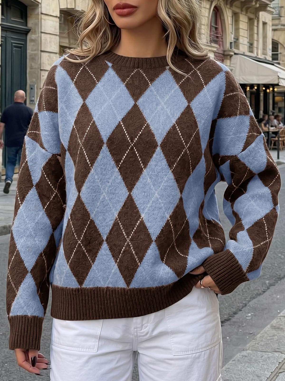 Women's Oversized Argyle Colorblock Crewneck Sweater