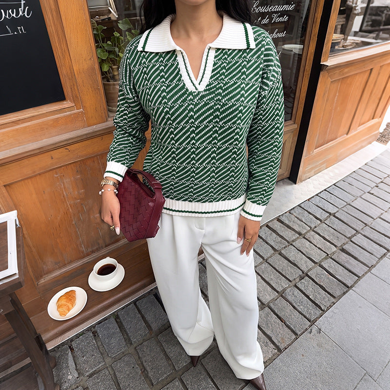 Contrast Polo Neck Knit Sweater Half Zip Casual Pullover