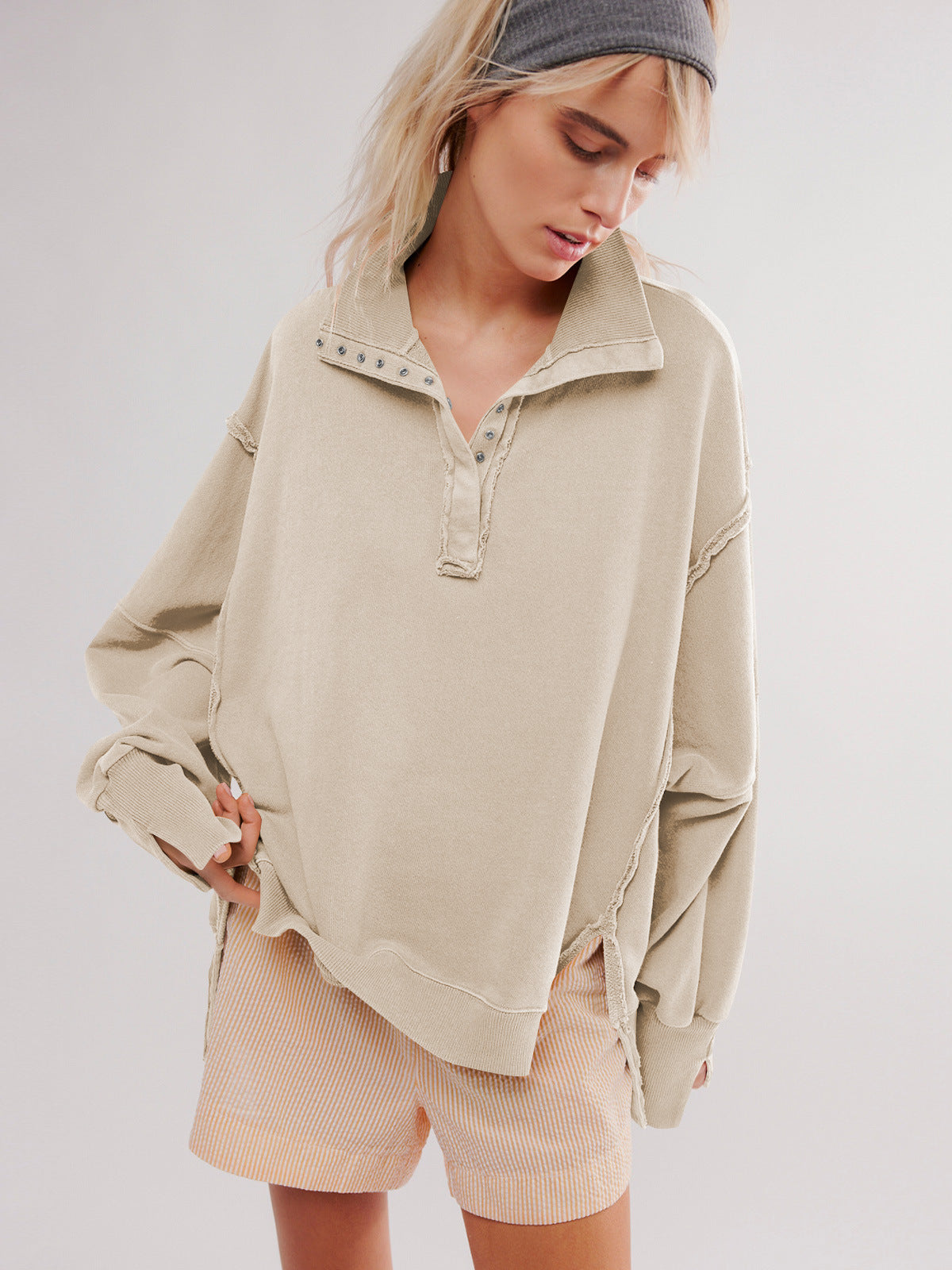 Oversized Collared Balloon Sleeve Split Hem Sweatshirt