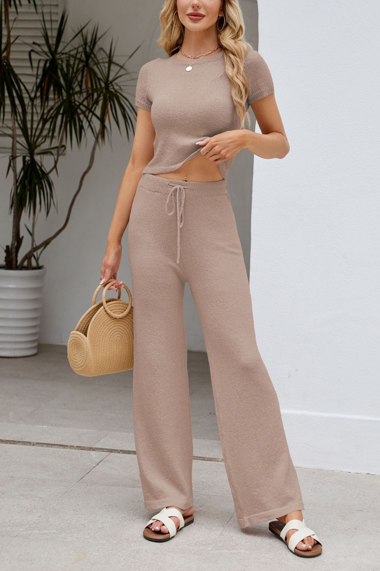 Solid Knit Short Sleeve Top and Pants Set