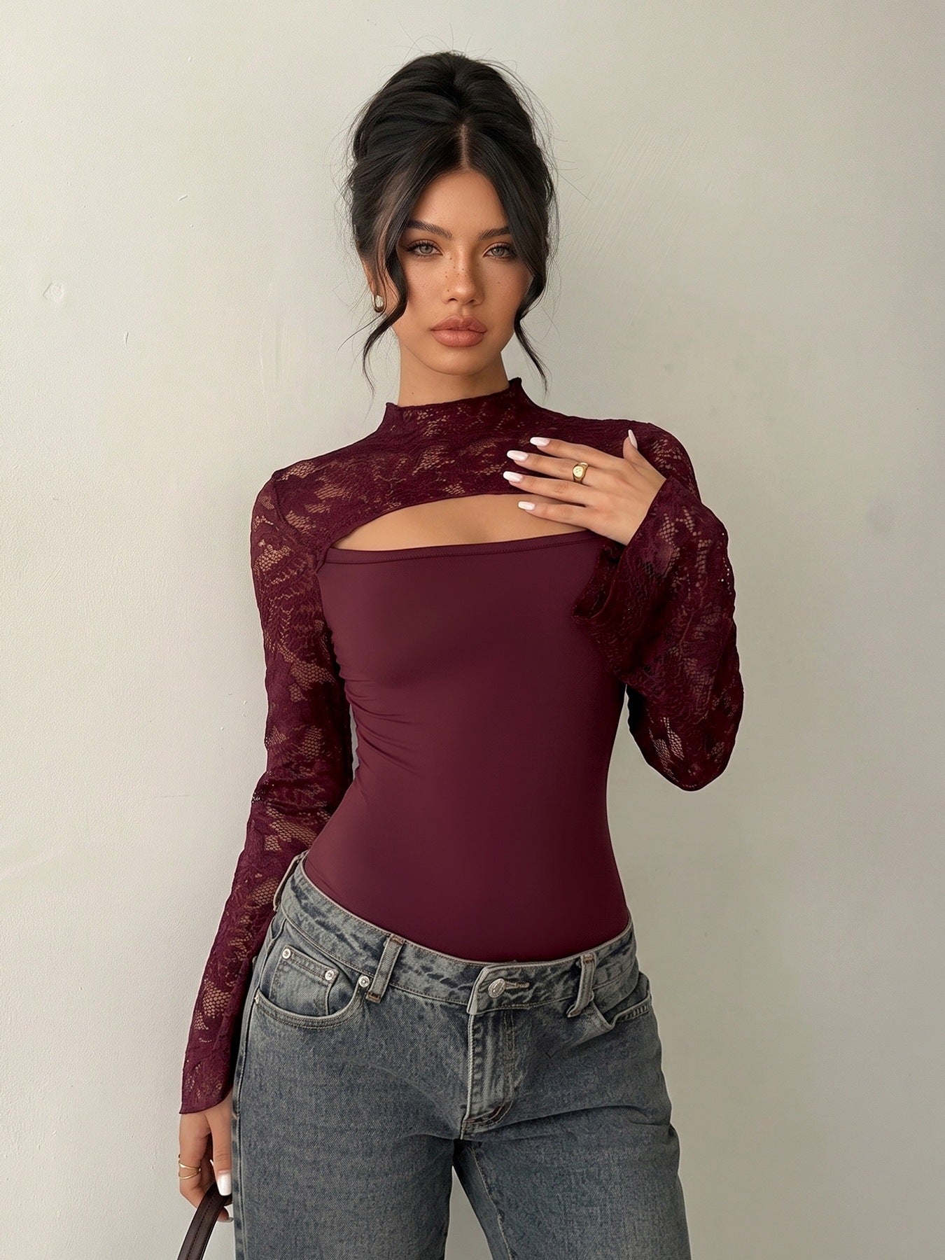 Solid Lace Top Romantic Cutout Bell Sleeve