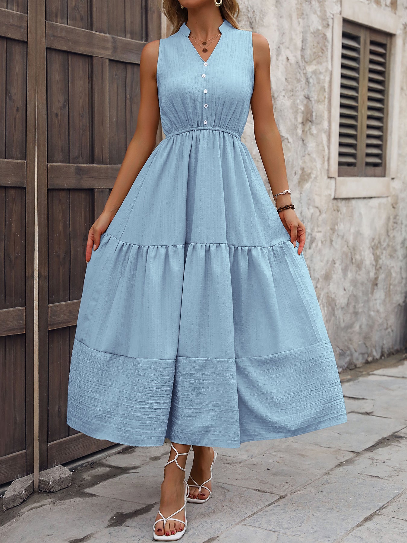 Sleeveless Solid Color A-Line Midi Dress with High Neck