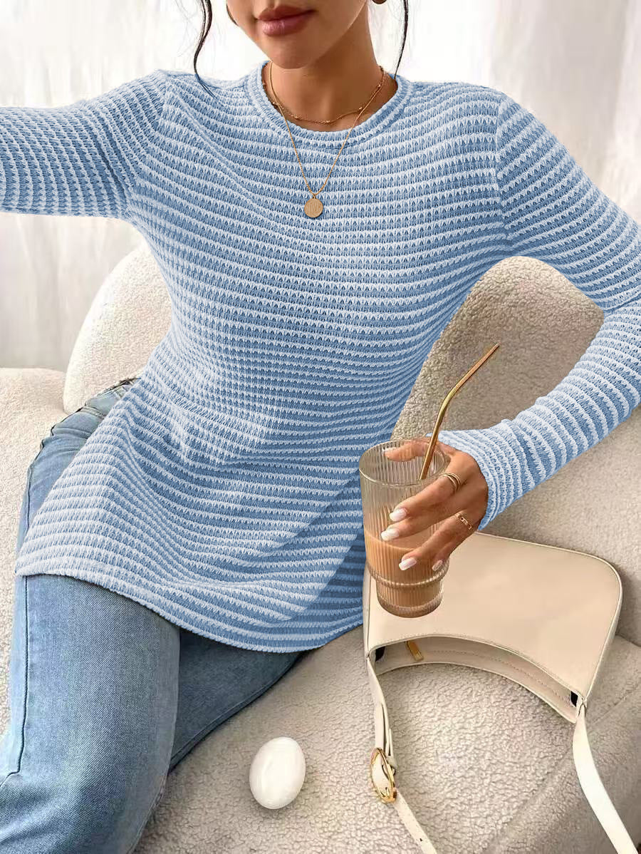 Striped Knit Top Casual Tunic Slim Fit Long Sleeve