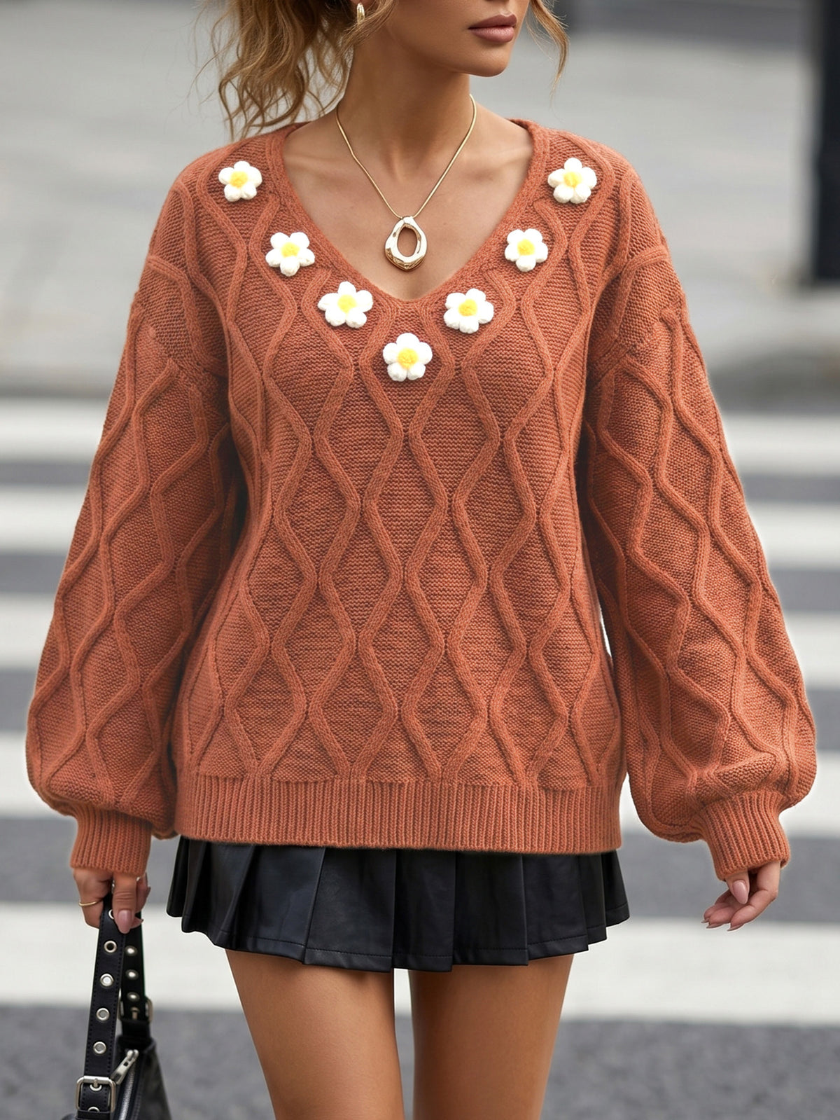 Women's Daisy V Neck Cable Knit Balloon Sleeve Sweater