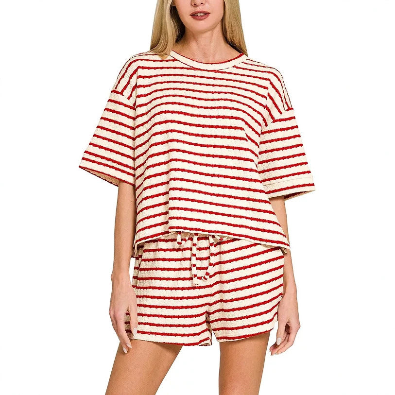 Striped Cotton Shorts Set Boutique Textured Knit Loungewear