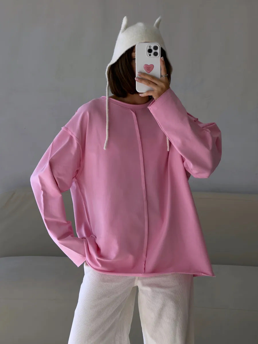 Casual Loose Fit Cotton Long Sleeve Distressed T Shirt Top