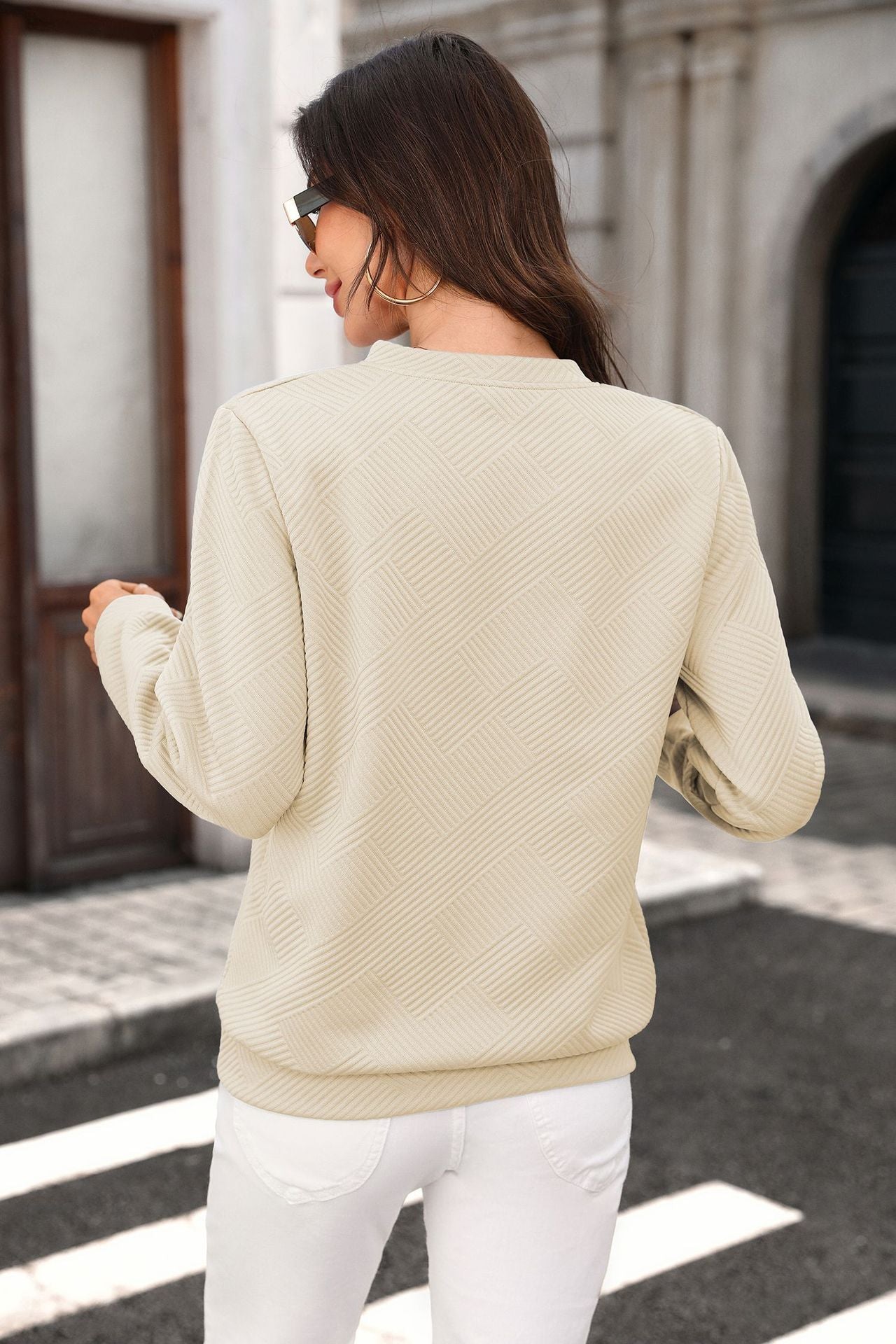 Solid Textured Knit Pullover Quarter Zip Long Sleeve Top