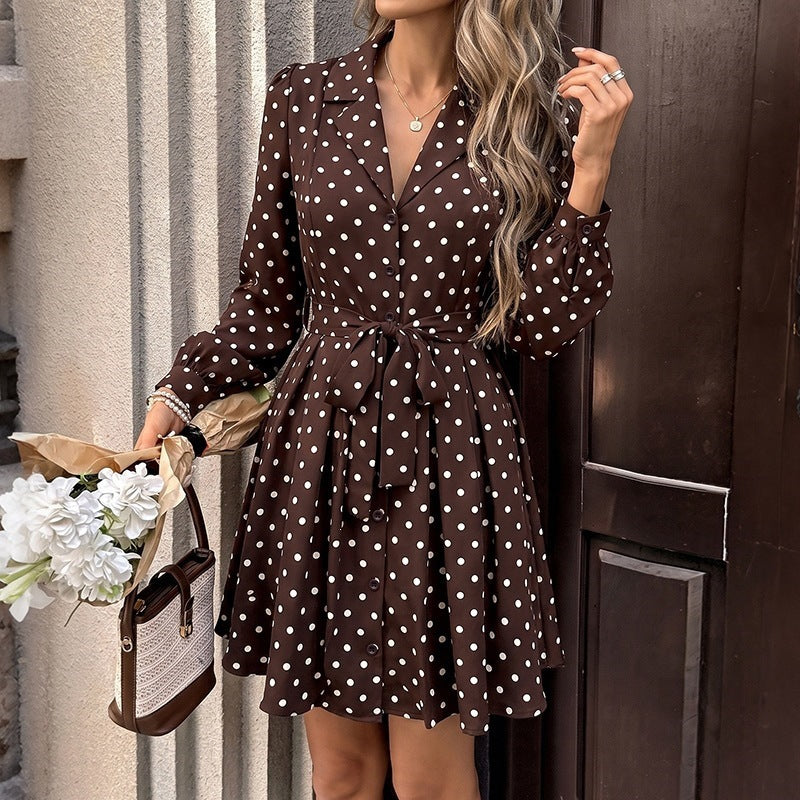 Polka Dot Shirt Dress Tie Waist A Line Mini Dress