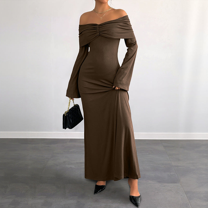 Chic Off-Shoulder Bodycon Maxi Dress in Brown