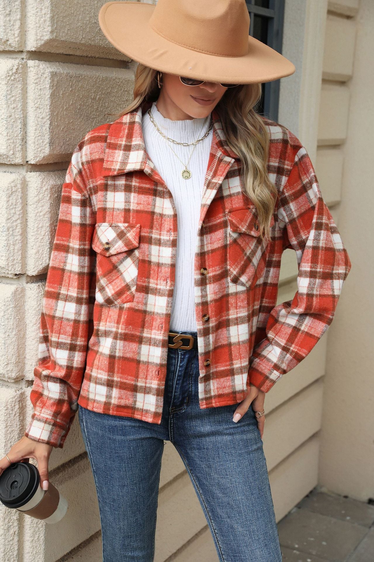 Long Sleeve Loose Pocket Plaid Top Wool Jacket