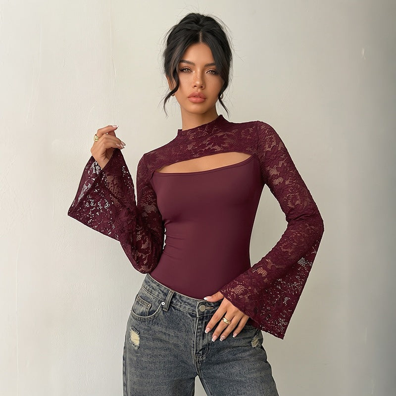 Solid Lace Top Romantic Cutout Bell Sleeve